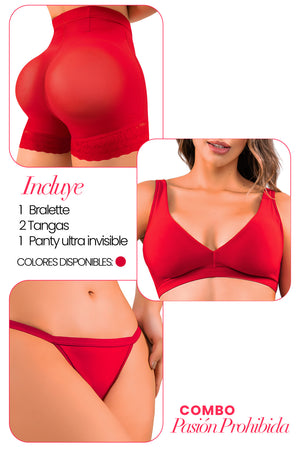 Set shapewear invisible rojo: bralette seamless, dos tangas ultrainvisibles y panty de control suave. Combo de 3 piezas Stagmi