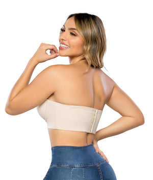 - Brasier SMI03006 strapless negro con copas completas
- Vista posterior con broche de varios niveles
- Brasier beige liso con control de espalda y banda elástica