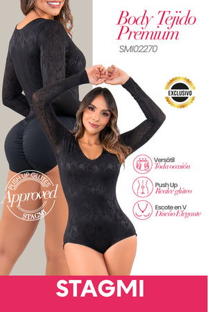 body encaje control, body manga larga mujer, body sexy elegante, body escote V, body moldeador femenino