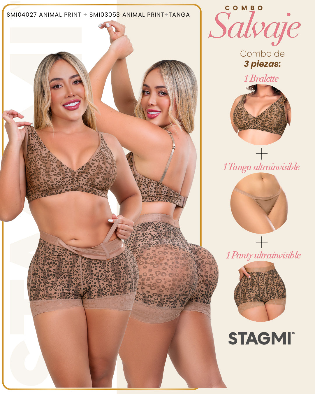 Conjunto animal print panty y bralette sin varilla mujer
