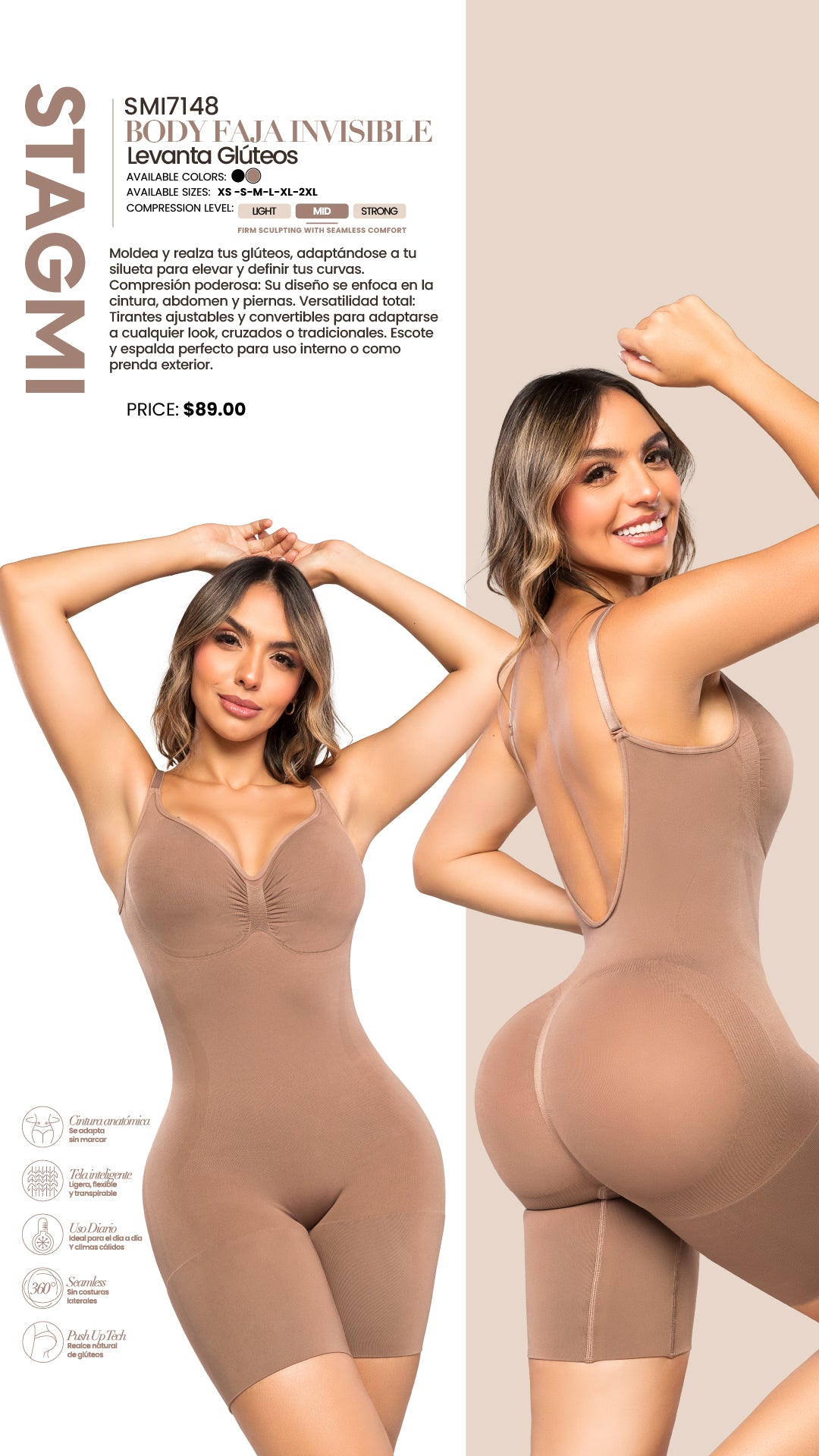 - Faja invisible SMI7148 con tirantes ajustables y media pierna
- Vista posterior de faja SMI7148 con realce natural de glúteos
- Detalle de escote y espalda de faja invisible con tanga incluida
