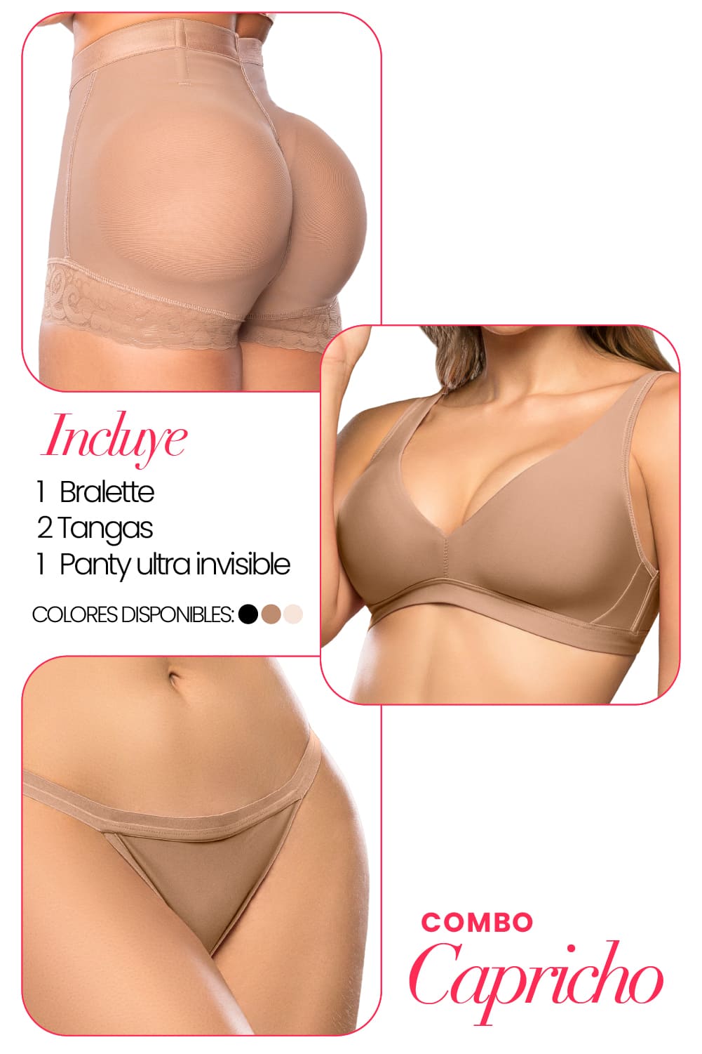 Set moldeador para mujer: bralette sin varilla, tanga invisible y panty push up tipo BBL