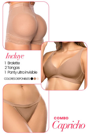 Set moldeador para mujer: bralette sin varilla, tanga invisible y panty push up tipo BBL