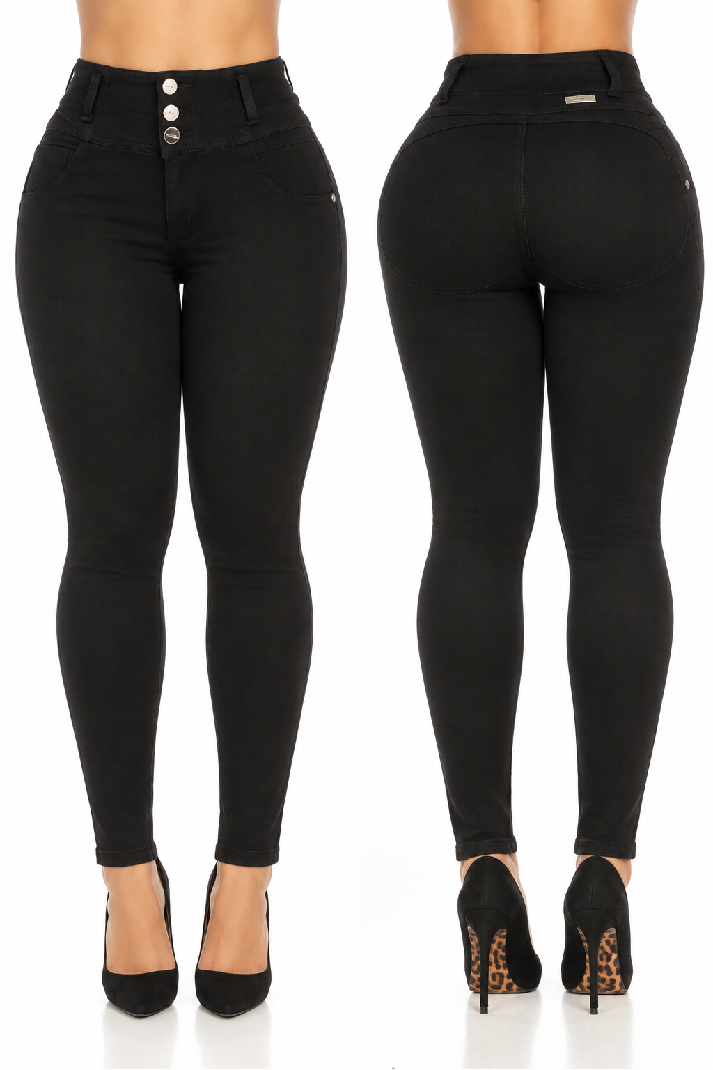 Jean negro de tiro alto STAGMI para mujer, vista posterior, diseño ajustado y realce de silueta