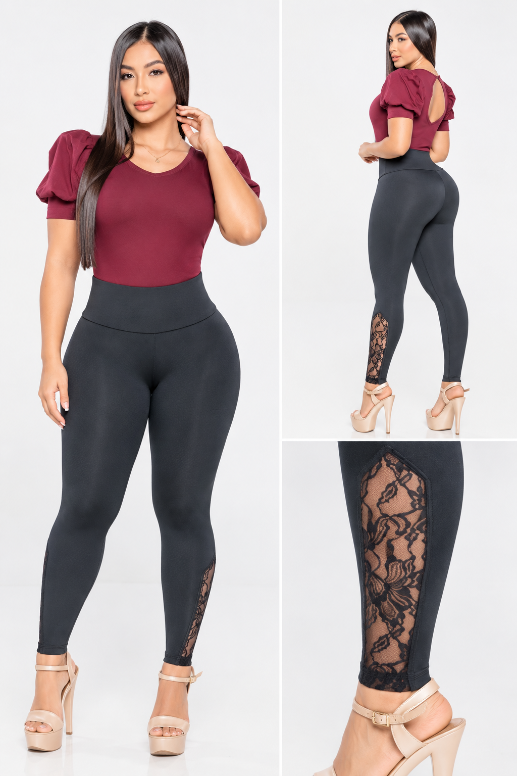 Legging negro de tiro alto STAGMI para mujer plus size, vista frontal con detalle de encaje floral en la parte inferior