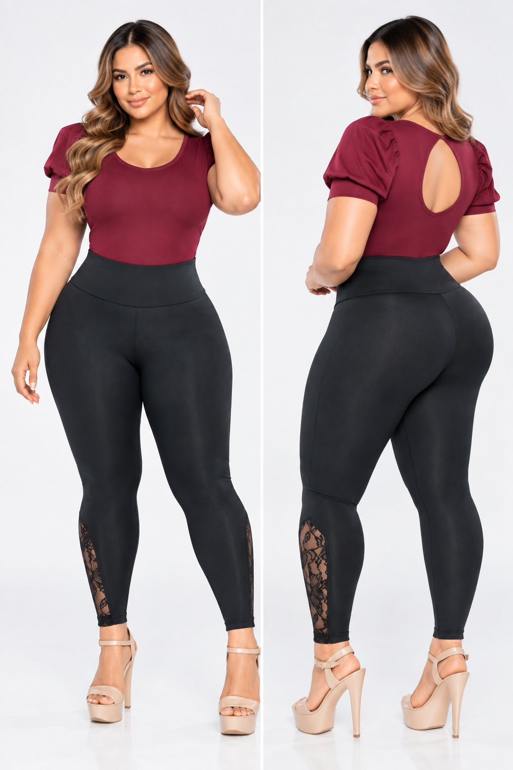 Legging negro de tiro alto STAGMI para mujer plus size, vista frontal con detalle de encaje floral en la parte inferior