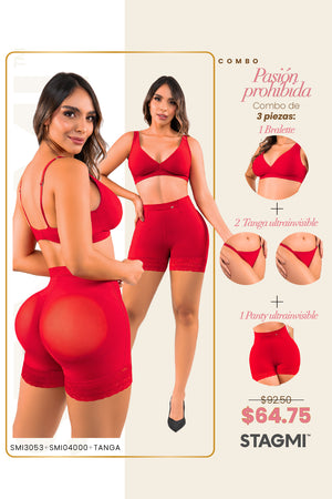 Set shapewear invisible rojo: bralette seamless, dos tangas ultrainvisibles y panty de control suave. Combo de 3 piezas Stagmi