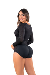 body encaje control, body manga larga mujer, body sexy elegante, body escote V, body moldeador femenino