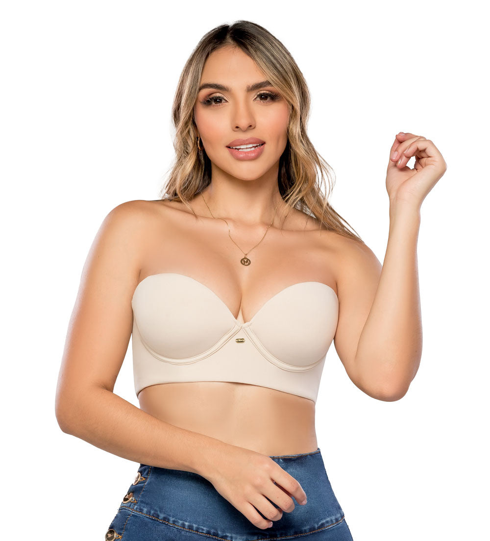 Bra de uso straple con realce cubre rollitos de espalda y cuenta con tirantes removibles color beige