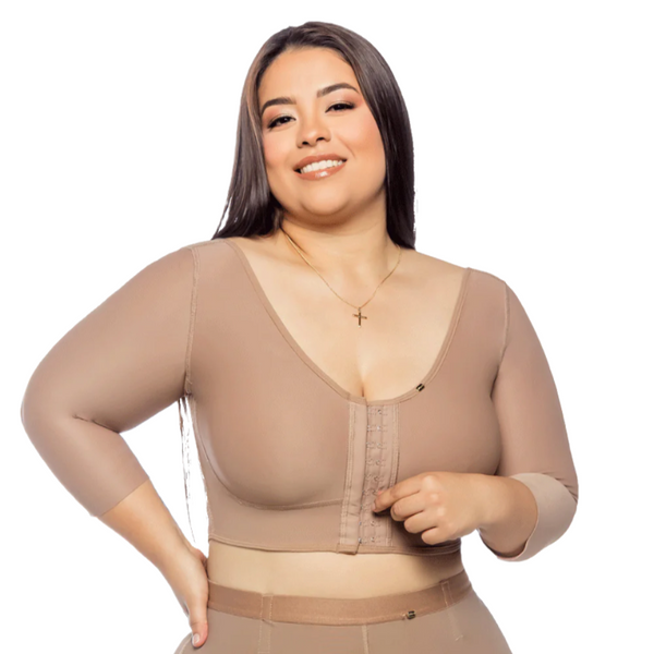 Modeladora de brazos y espalda con bra incorporado, tres broches, vitamina E, color cocoa.