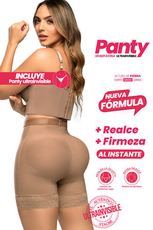 - Panty SMI04024 Ultrainvisible con triple realce y talle medio
- Vista posterior del panty moldeador media pierna SMI04024
- Detalle de encaje en piernas y compresión abdominal del SMI04024
