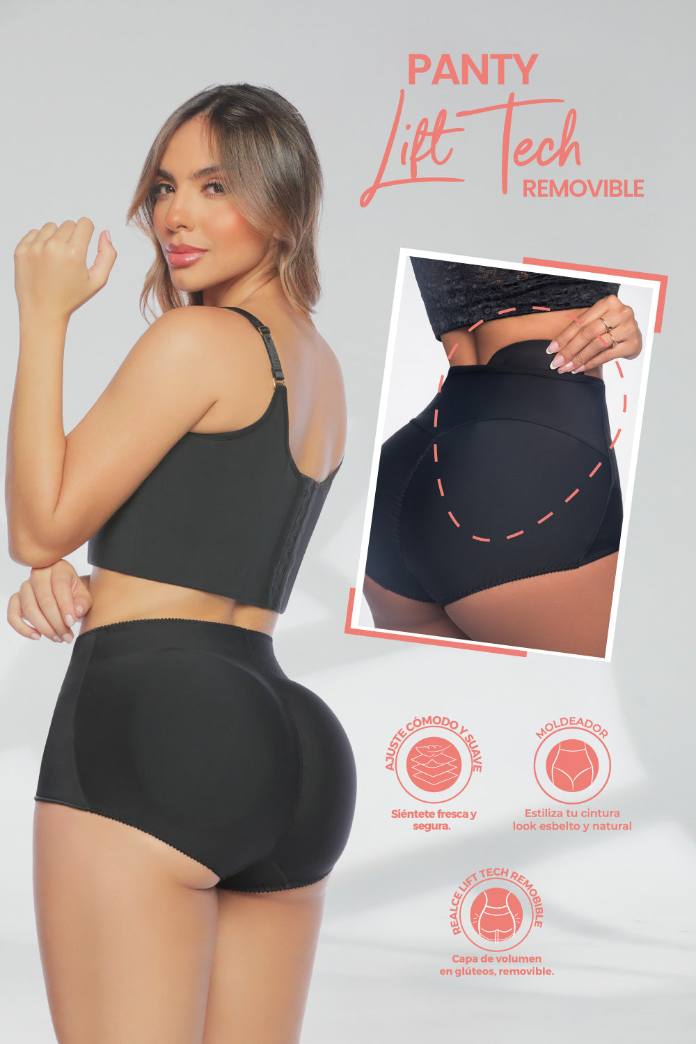 - Panty SMI04041 con capas Lift Tech removibles
- Vista posterior de panty clásico con costura anatómica y tiro alto
- Detalle del refuerzo en algodón y control abdominal en panty SMI04041
