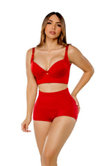 Set de ropa interior moldeadora roja para mujer. Bra con soporte alto y boxer con control de abdomen y efecto push-up en glúteos. Ideal para realzar la figura con comodidad.