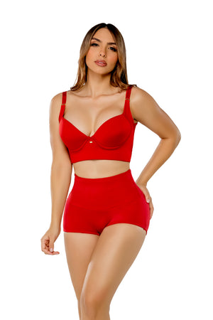 Set de ropa interior moldeadora roja para mujer. Bra con soporte alto y boxer con control de abdomen y efecto push-up en glúteos. Ideal para realzar la figura con comodidad.