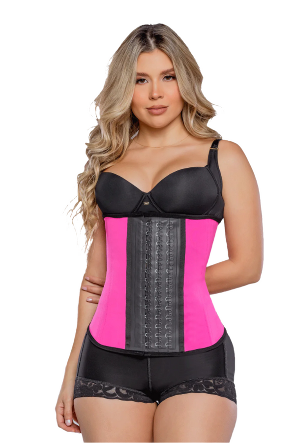 Cinturilla térmica SMI2002 fucsia en látex con broches- Vista frontal con compresión en abdomen alto, medio y bajo