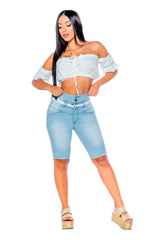 jean torero azul mujer, jean con correa blanca, jean corto levantacola, jean para verano sin bolsillos