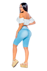 jean torero azul mujer, jean con correa blanca, jean corto levantacola, jean para verano sin bolsillos