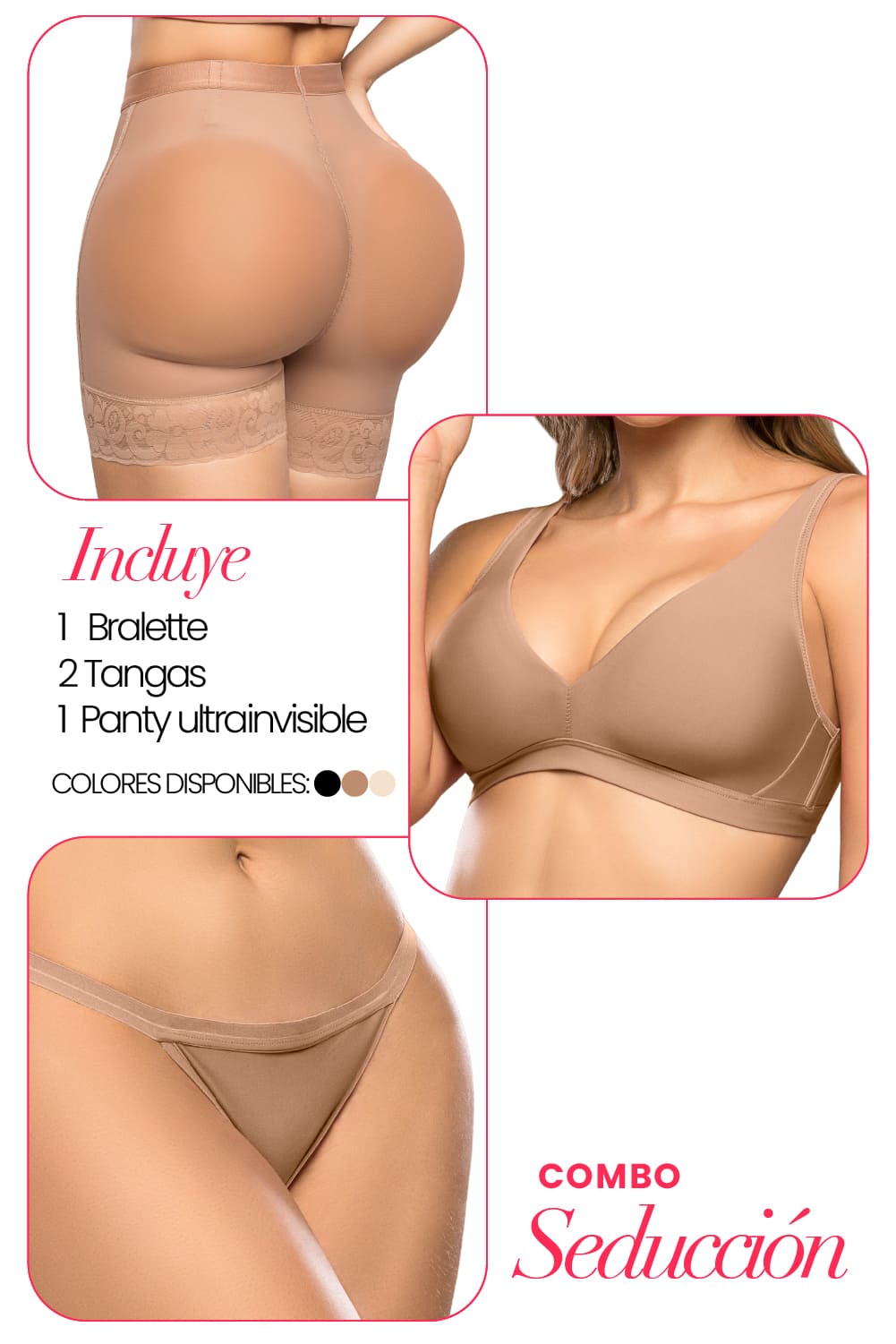 Set shapewear invisible Stagmi: bralette sin costuras, tanga ultrainvisible y panty de control suave. Ropa interior seamless en tonos neutros