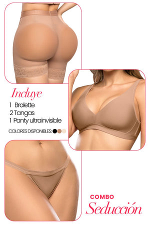 Set shapewear invisible Stagmi: bralette sin costuras, tanga ultrainvisible y panty de control suave. Ropa interior seamless en tonos neutros