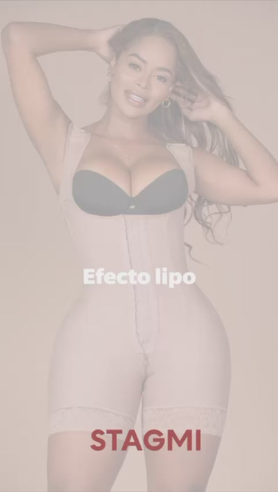 - Faja SMI7143 LA VOLUPTUOSA media pierna con efecto lipo y triple lifting
- Detalle frontal con broches y estructura con varillas de moldeo
- Vista posterior sin costuras y panty incluido
