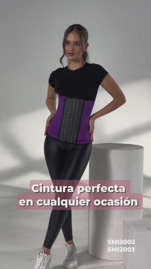 - Cinturilla térmica SMI2003 color morado con látex y broches
- Vista lateral con soporte lumbar y compresión abdominal
- Entrenador de cintura en neopreno con efecto reductor

