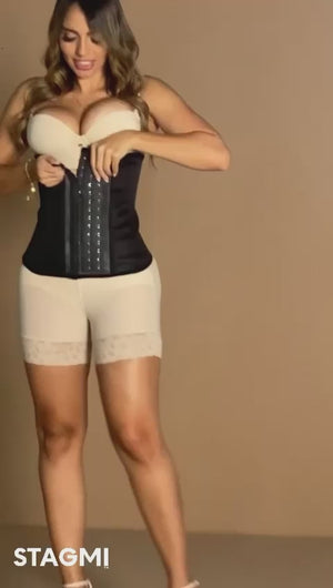 - Cinturilla térmica negra SMI2004 con broches multinivel
- Vista lateral del waist trainer con efecto reductor
- Interior con textura de algas marinas para moldeo y suavidad
